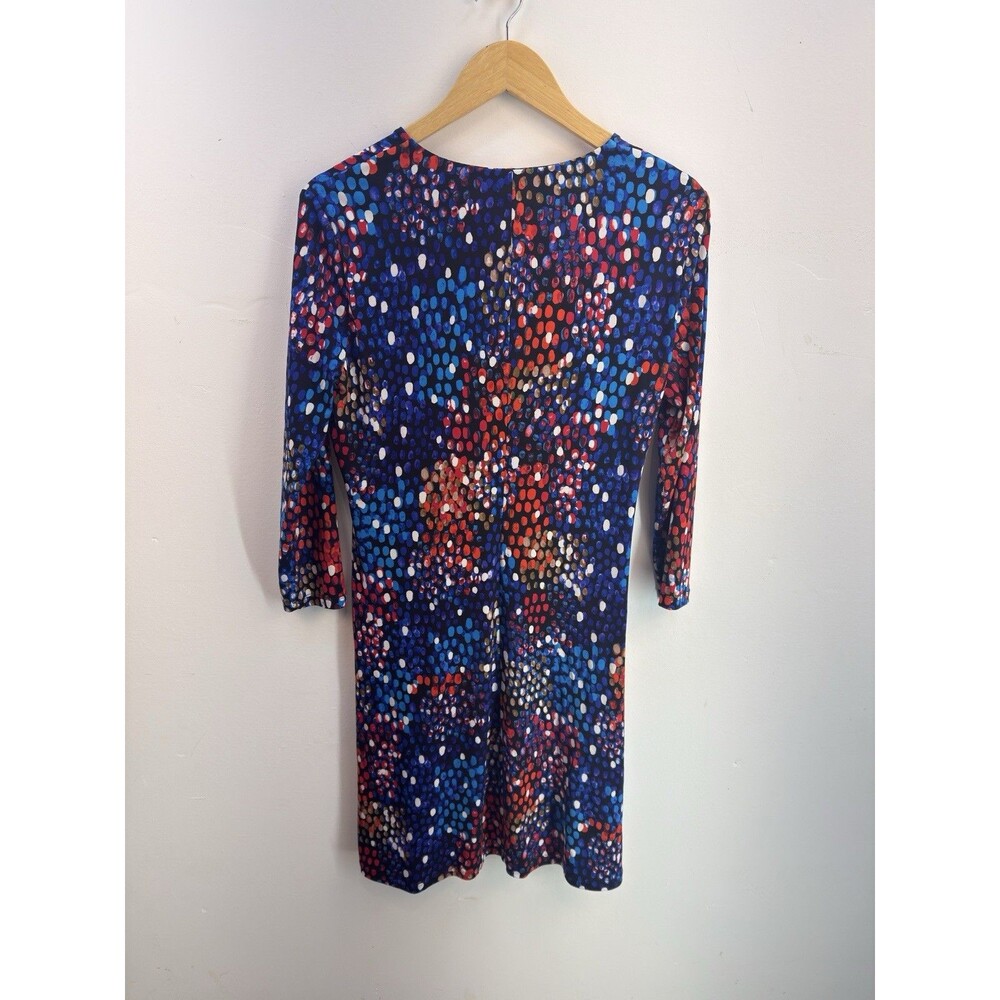 Calvin Klein Blue Colorful Dot Print Ruched Faux Wrap Jersey Dress Sz 12 V Neck - Picture 5 of 11